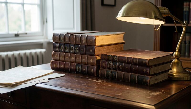 Leather bound church record books stacked beside a brass reading lamp on a dark wooden desk