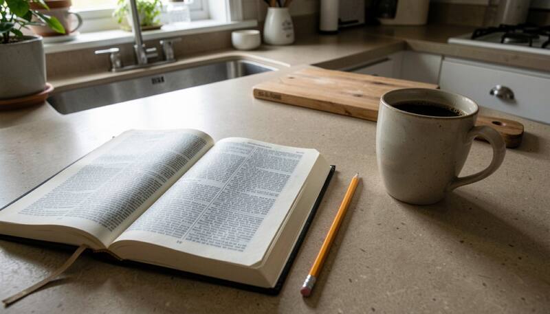 Open Bible beside a notebook, a pencil and a coffee mug on a kitchen table in morning light