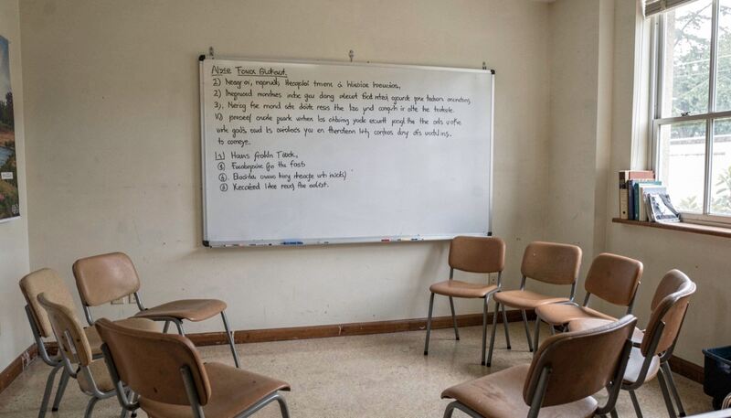 Small classroom with a whiteboard outline and a semicircle of chairs