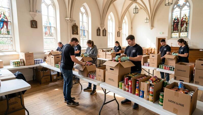 Volunteers packing cardboard boxes with canned food at folding tables in a bright church hall