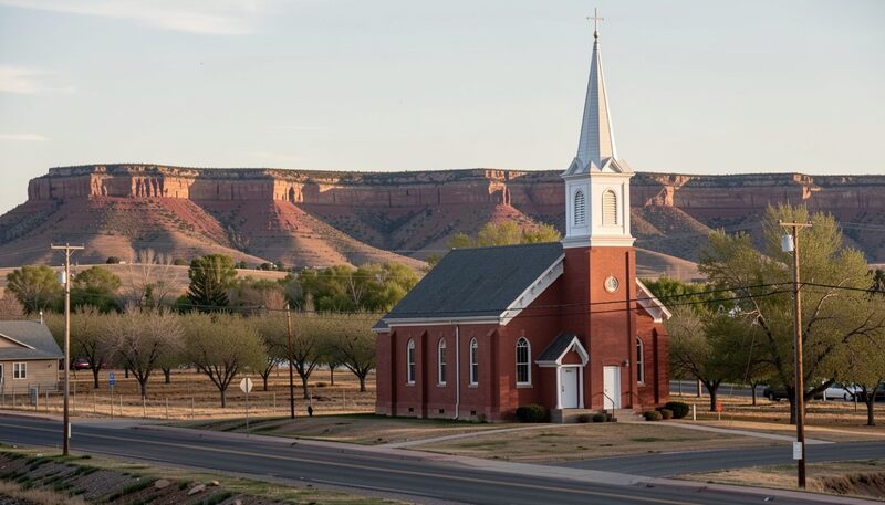 Red sandstone church with a white steeple at the edge of a small western Colorado town