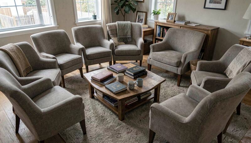 Circle of chairs in a living room with Bibles and mugs resting on a low wooden table